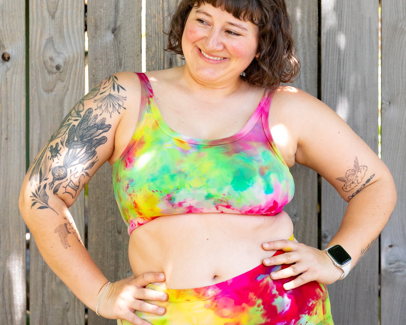 Model wearing Thunderpants Longline Bra and Original style underwear in Summer Crush Ice Dye - pinks, blues, yellows. 