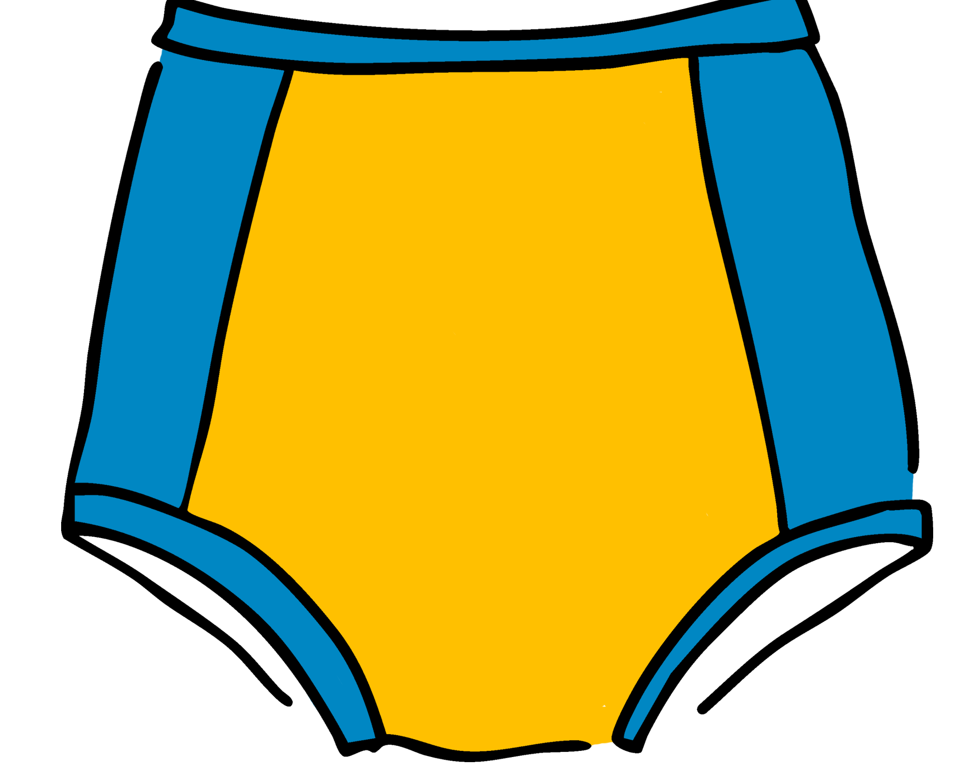 Drawing of Thunderpants US yellow and blue paneled Sky Rise style Swimwear Bottom.
