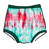 Drawing of Thunderpants Sky Rise style underwear in Holiday Dye - red and green tie dye with green binding. 