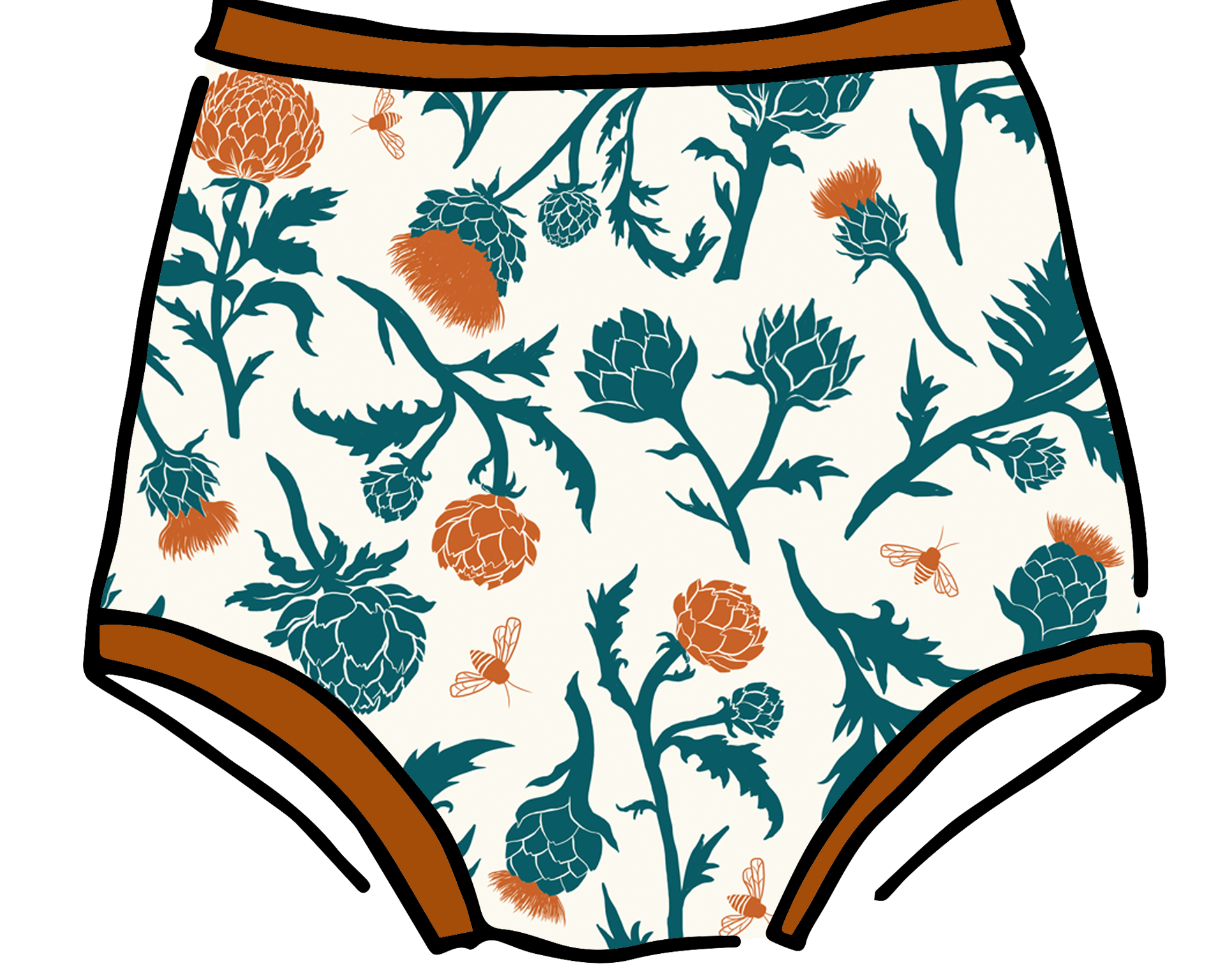 Drawing of Thunderpants Sky Rise style underwear in Robben's Artichokes print - teal and rust artichokes and bees.