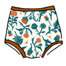 Drawing of Thunderpants Sky Rise style underwear in Robben's Artichokes print - teal and rust artichokes and bees.