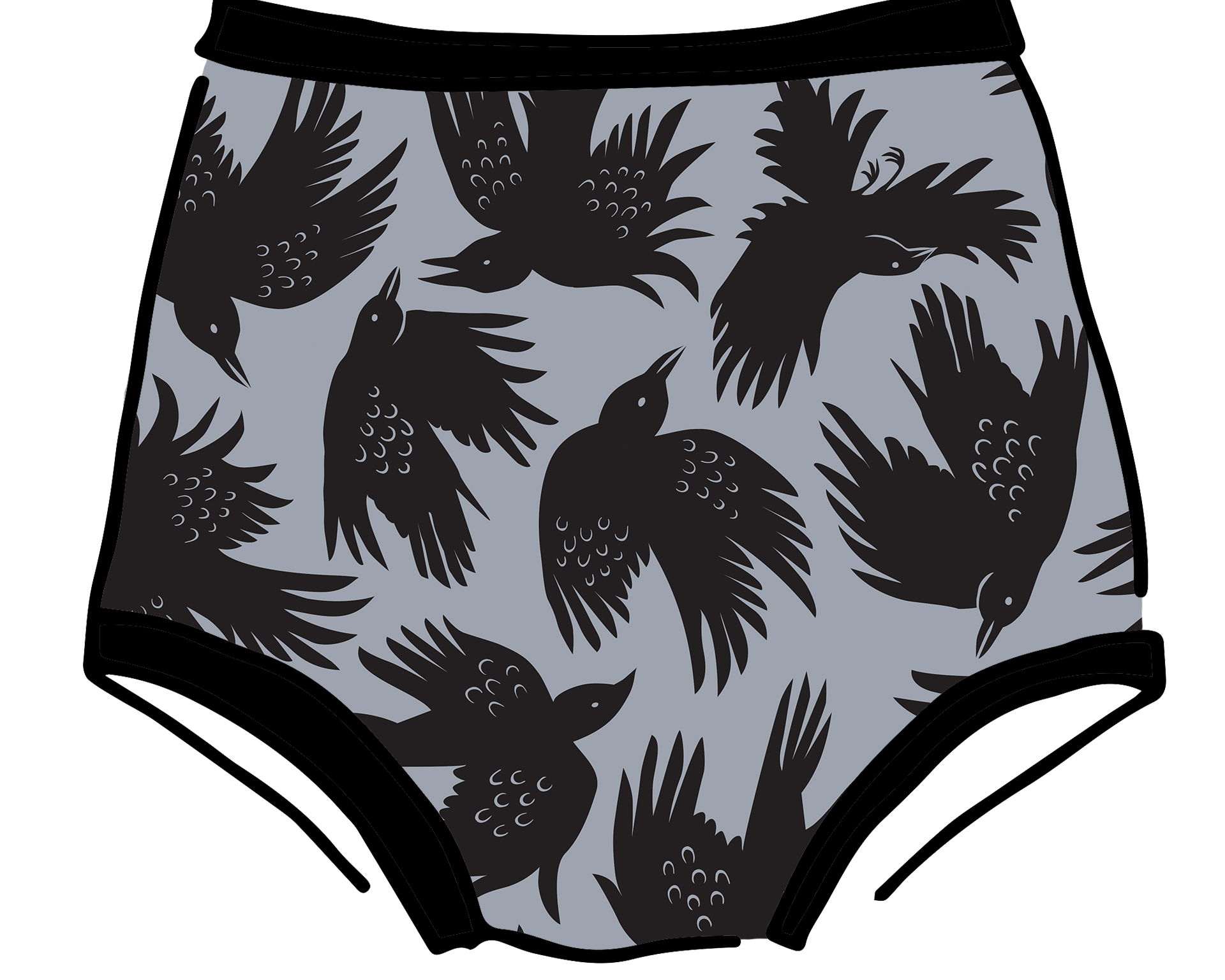 Drawing of Thunderpants Sky Rise style underwear in So it Crows - black crows in grey.