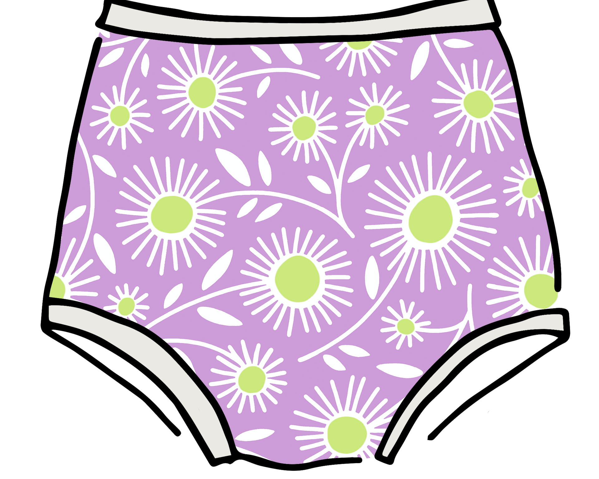 Drawing of Thunderpants Sky Rise style underwear in Delia's Daisy - white, green, and purple daisies print.
