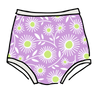 Drawing of Thunderpants Sky Rise style underwear in Delia's Daisy - white, green, and purple daisies print.