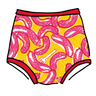 Drawing Thunderpants Sky Rise style underwear in Hot Dawg! print - pink sausages on yellow background and red binding.