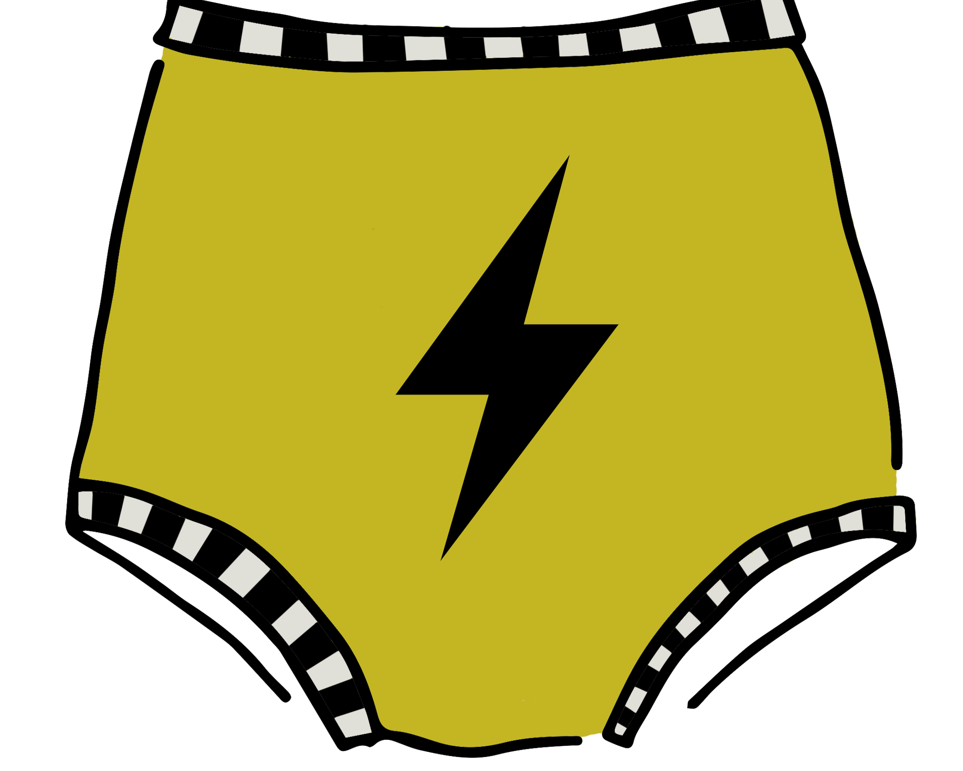 Drawing of Thunderpants Sky Rise style underwear in Thunderstruck - yellow with a black lightning bolt.