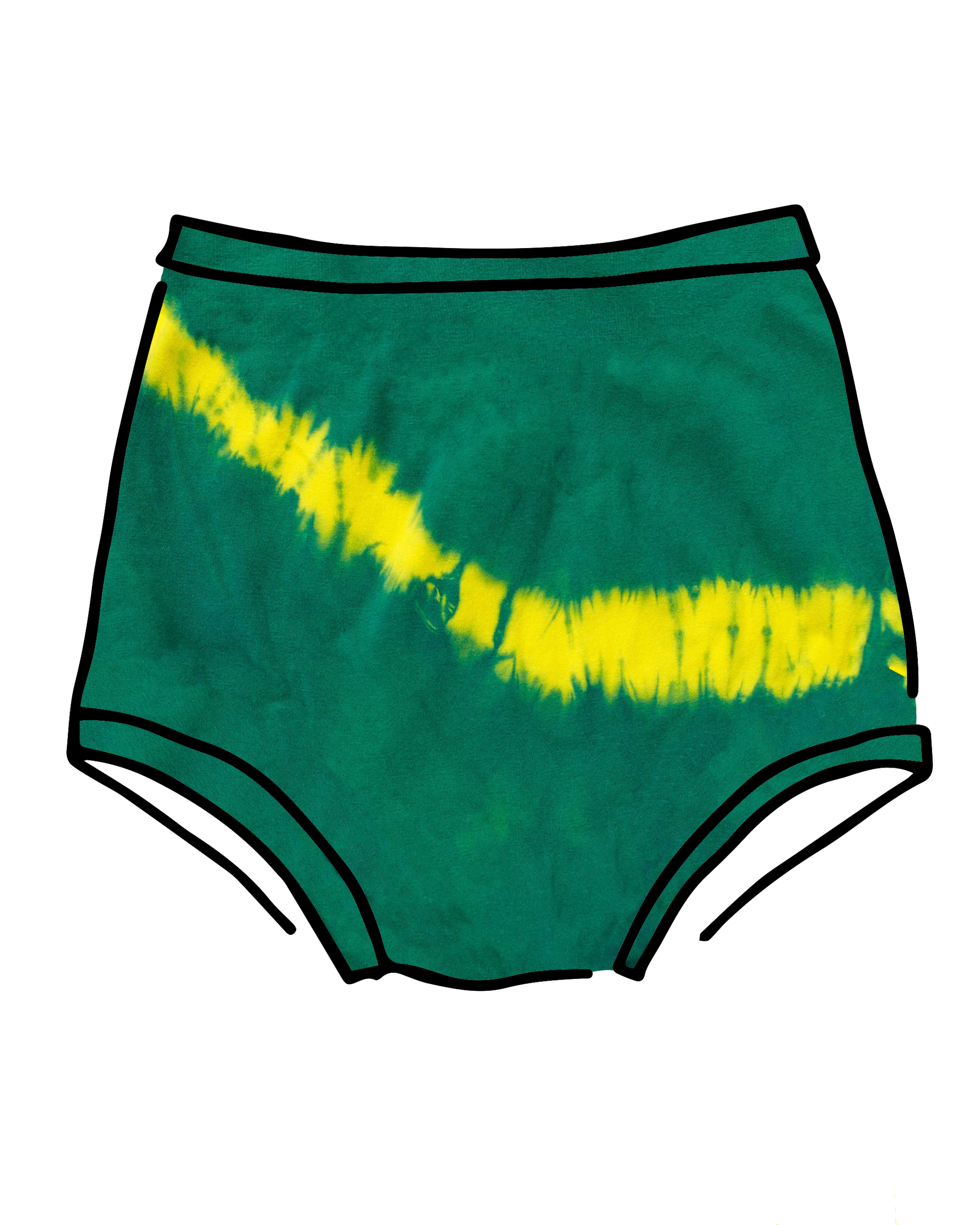 Drawing of Thunderpants Sky Rise style underwear in Lightning Bolt Hand Dye - green/blue color with yellow stripe.