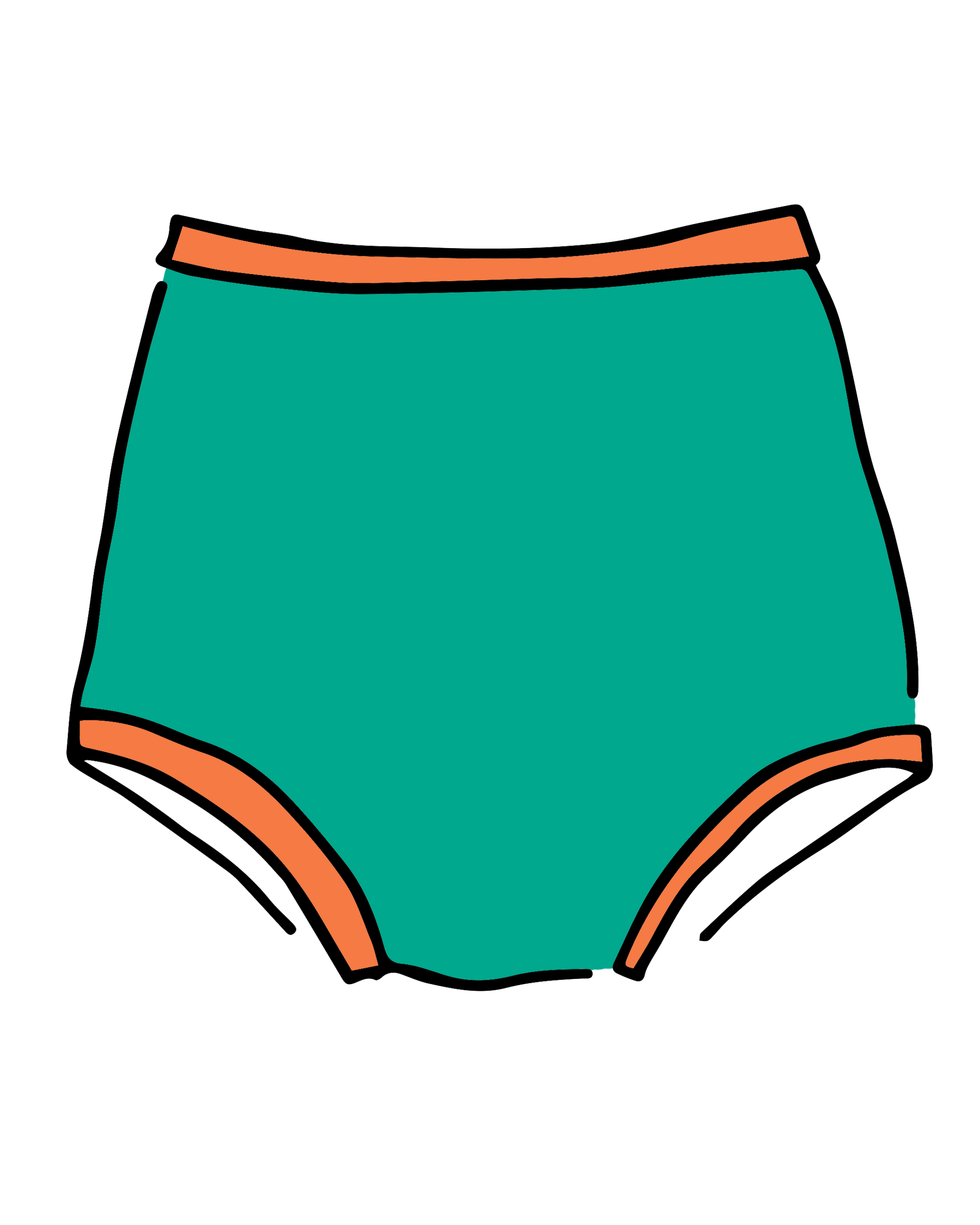 Drawing of Thunderpants Sky Rise style underwear in Bird in Paradise - peacock green with orange binding.