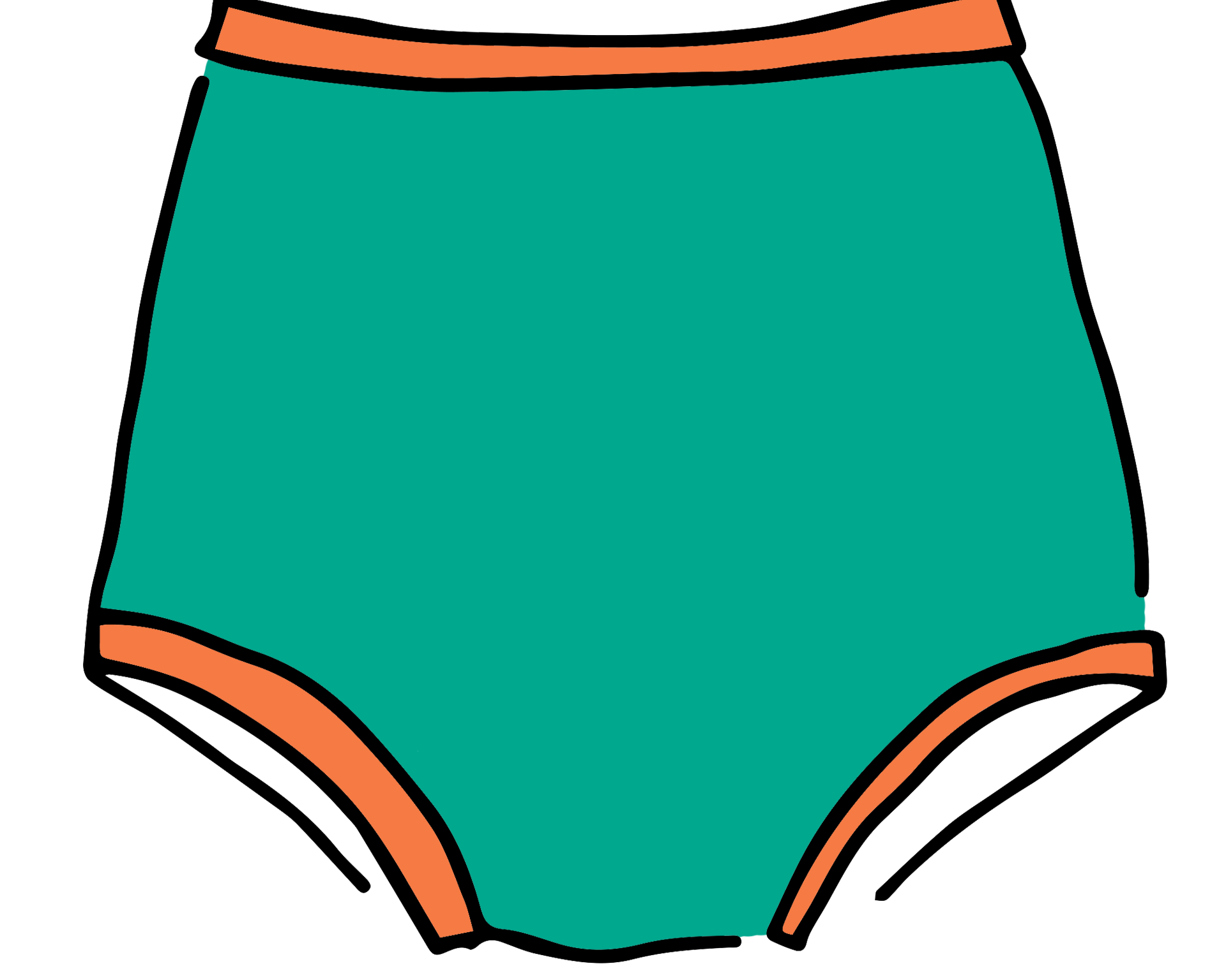 Drawing of Thunderpants Sky Rise style underwear in Bird in Paradise - peacock green with orange binding.