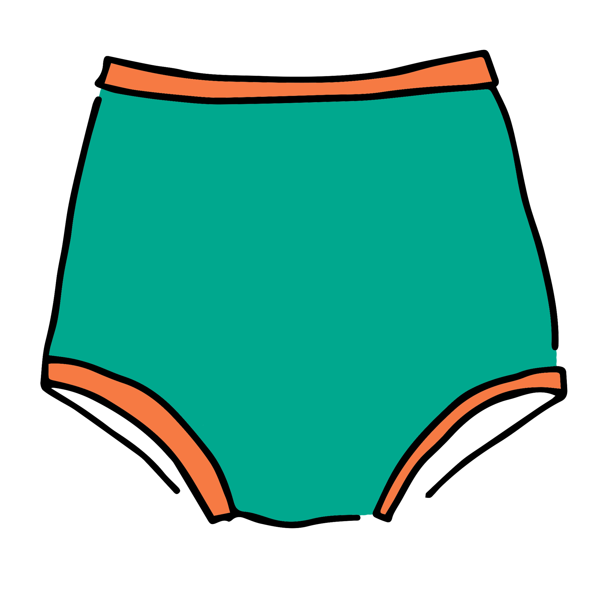 Drawing of Thunderpants Sky Rise style underwear in Bird in Paradise - peacock green with orange binding.