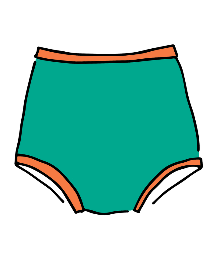 Drawing of Thunderpants Sky Rise style underwear in Bird in Paradise - peacock green with orange binding.
