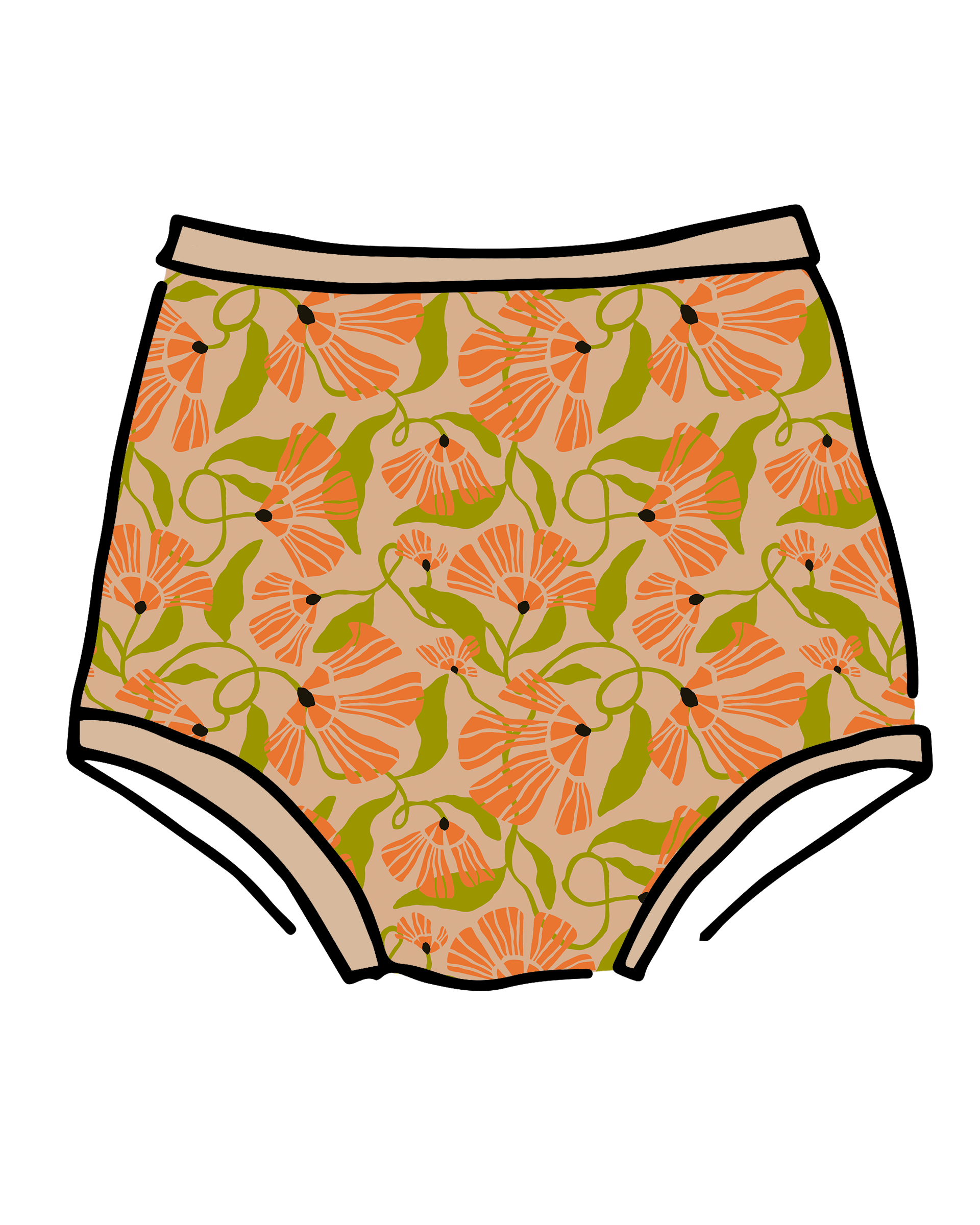 Drawing of Thunderpants Sky Rise style underwear in Secret Garden print - orange flowers and green leaves.