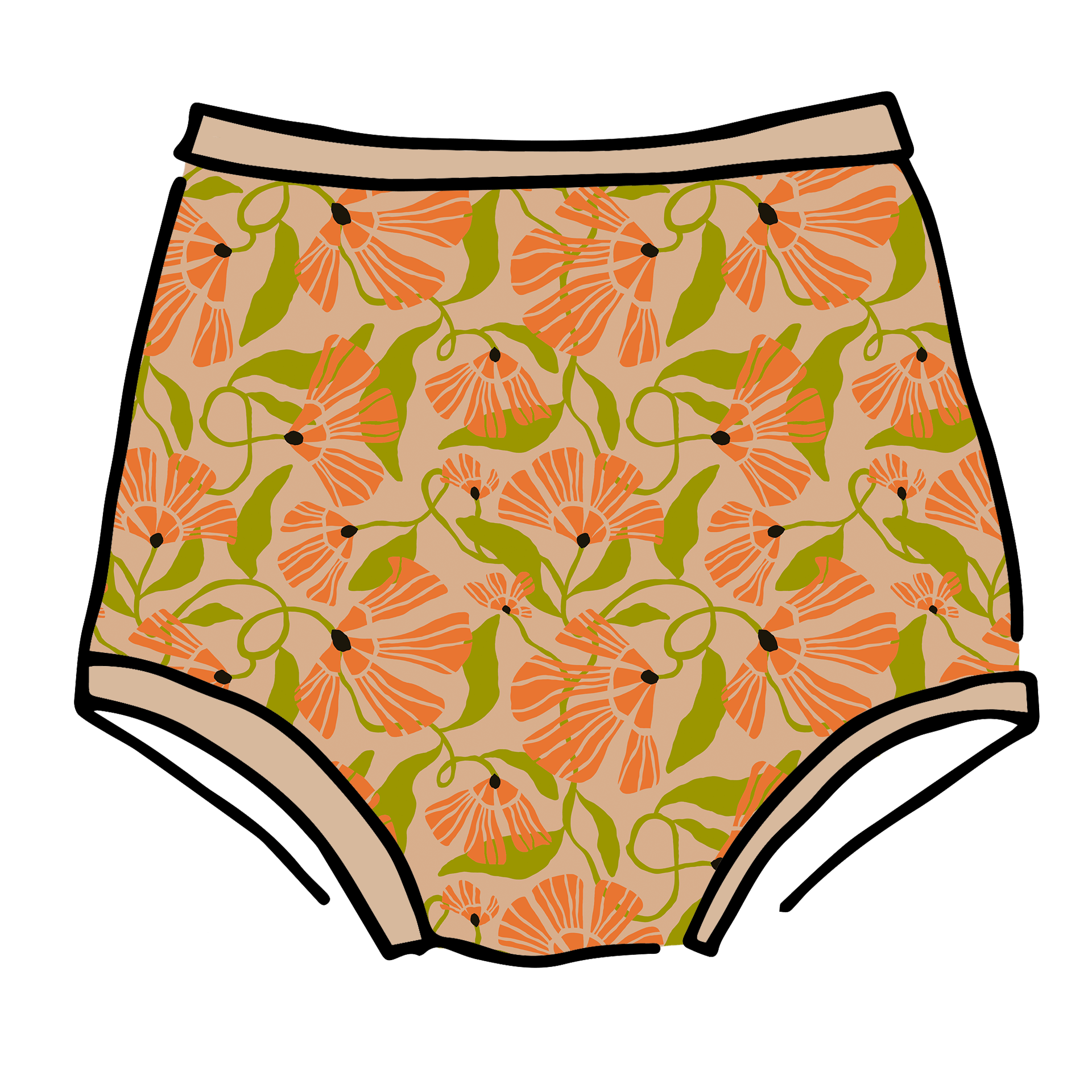 Drawing of Thunderpants Sky Rise style underwear in Secret Garden print - orange flowers and green leaves.
