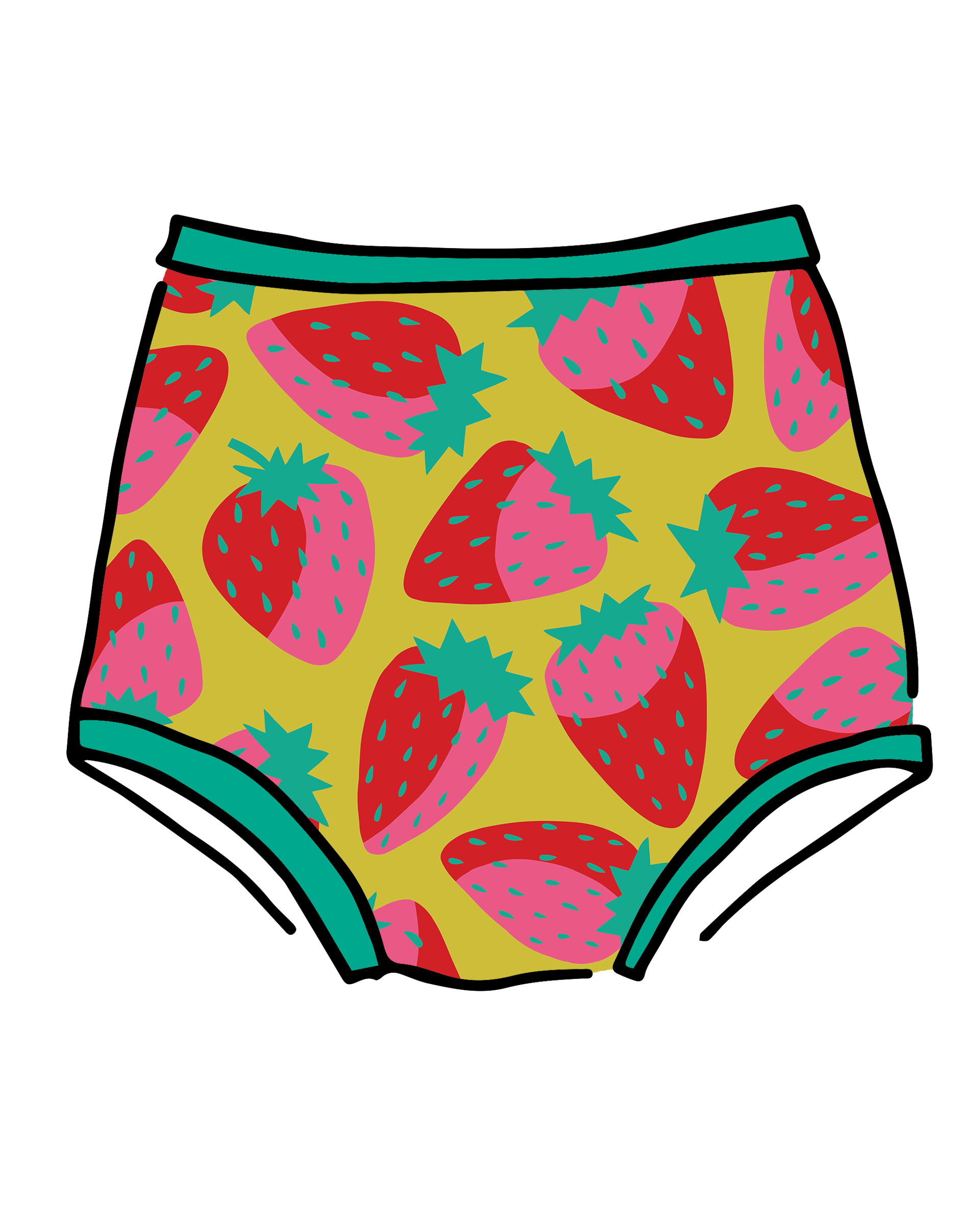 Drawing of Thunderpants Sky Rise style underwear in a Strawberry print - pink, red, and peacock green on chartreuse. 