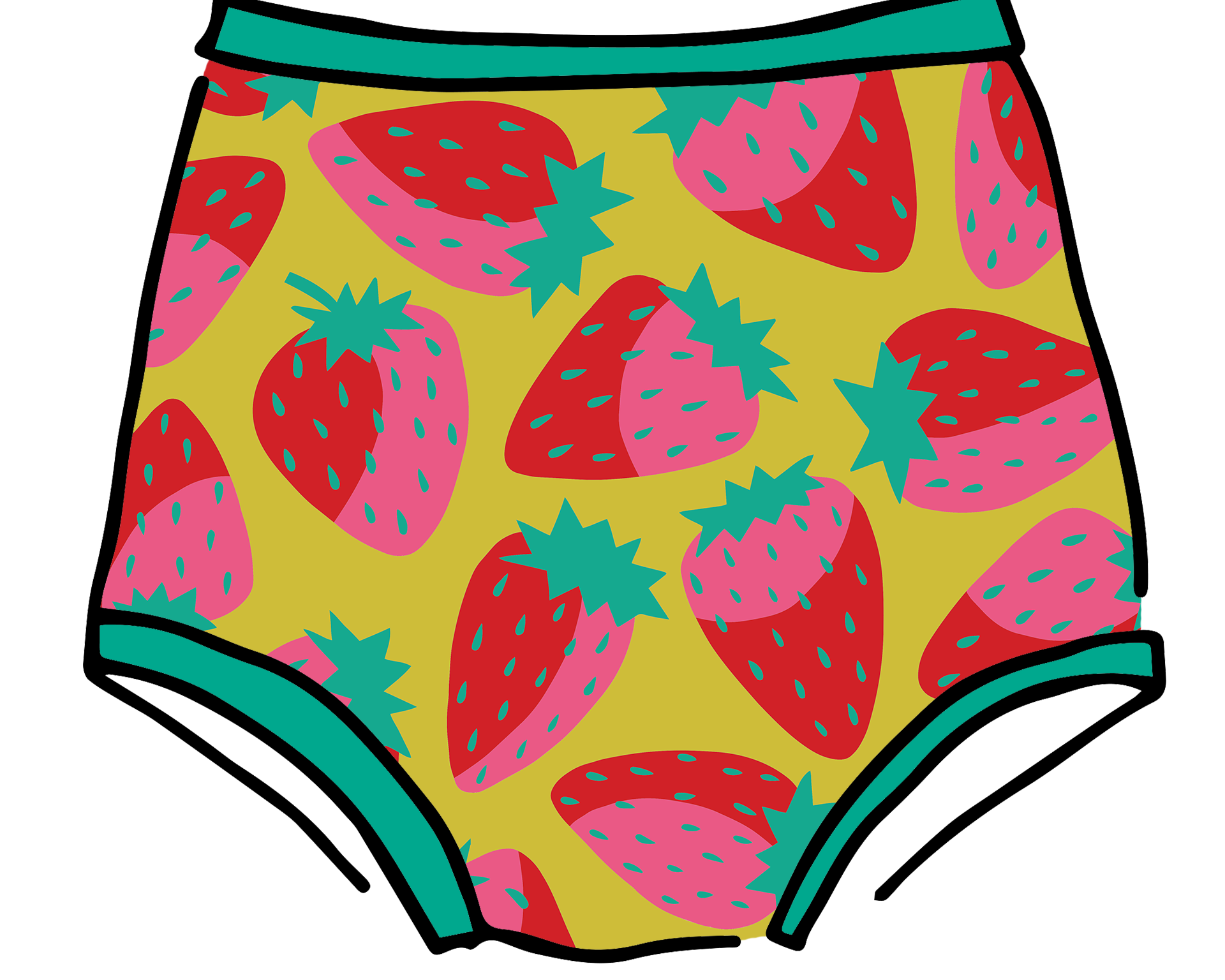 Drawing of Thunderpants Sky Rise style underwear in a Strawberry print - pink, red, and peacock green on chartreuse. 