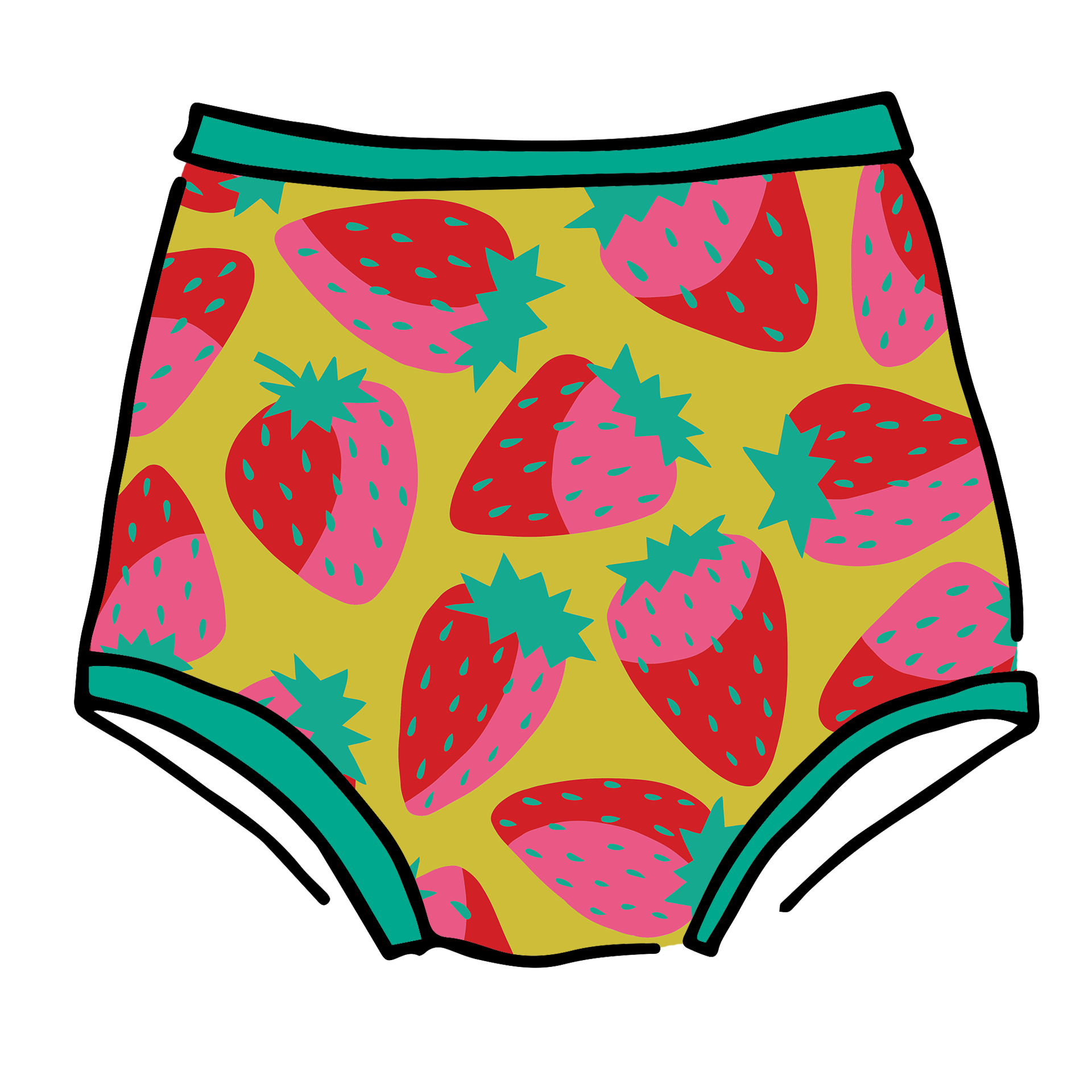 Drawing of Thunderpants Sky Rise style underwear in a Strawberry print - pink, red, and peacock green on chartreuse. 