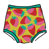 Drawing of Thunderpants Sky Rise style underwear in a Strawberry print - pink, red, and peacock green on chartreuse. 