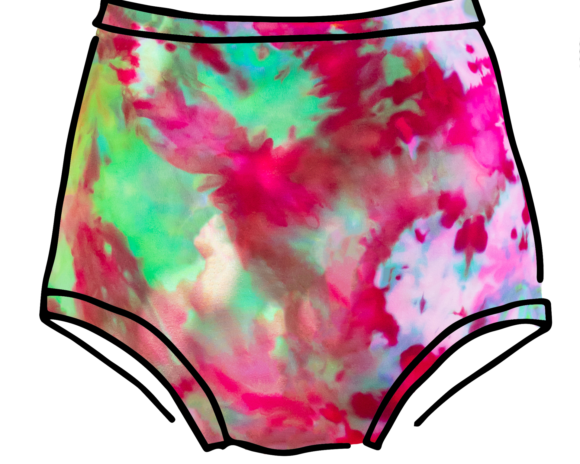 Drawing of Thunderpants Sky Rise style underwear in Summer Crush Ice Dye - pinks, blues, yellows. 