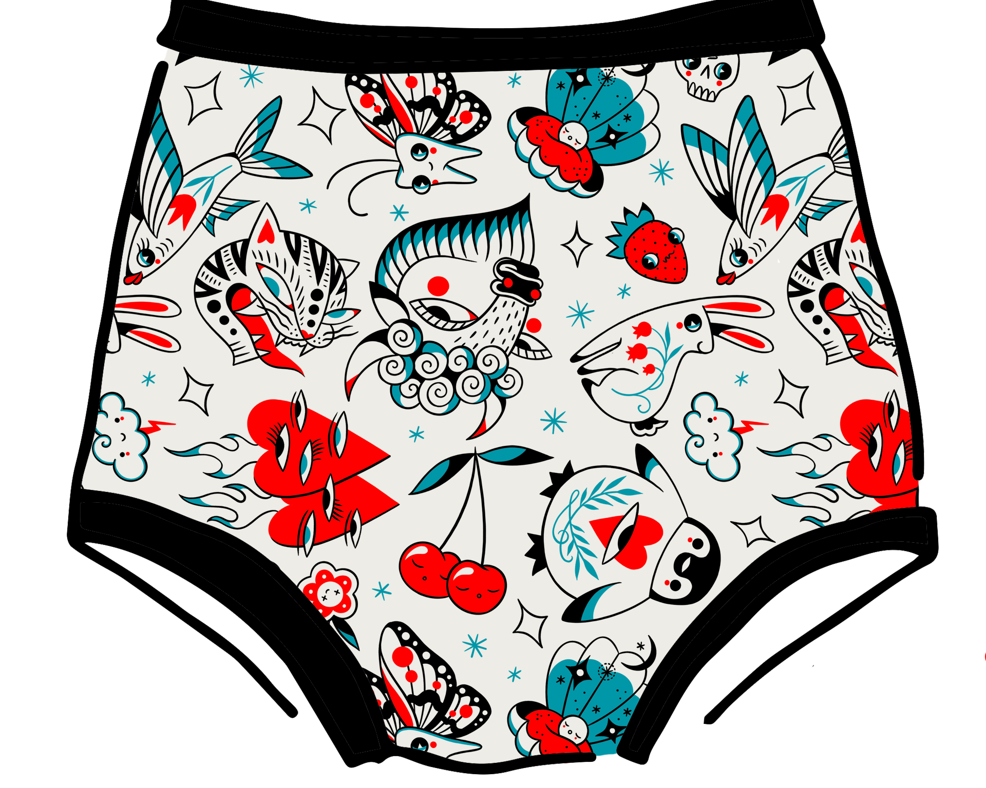 Drawing of Thunderpants Sky Rise style underwear in Inked Up - a tattoo pattern with black, red, and blue. 