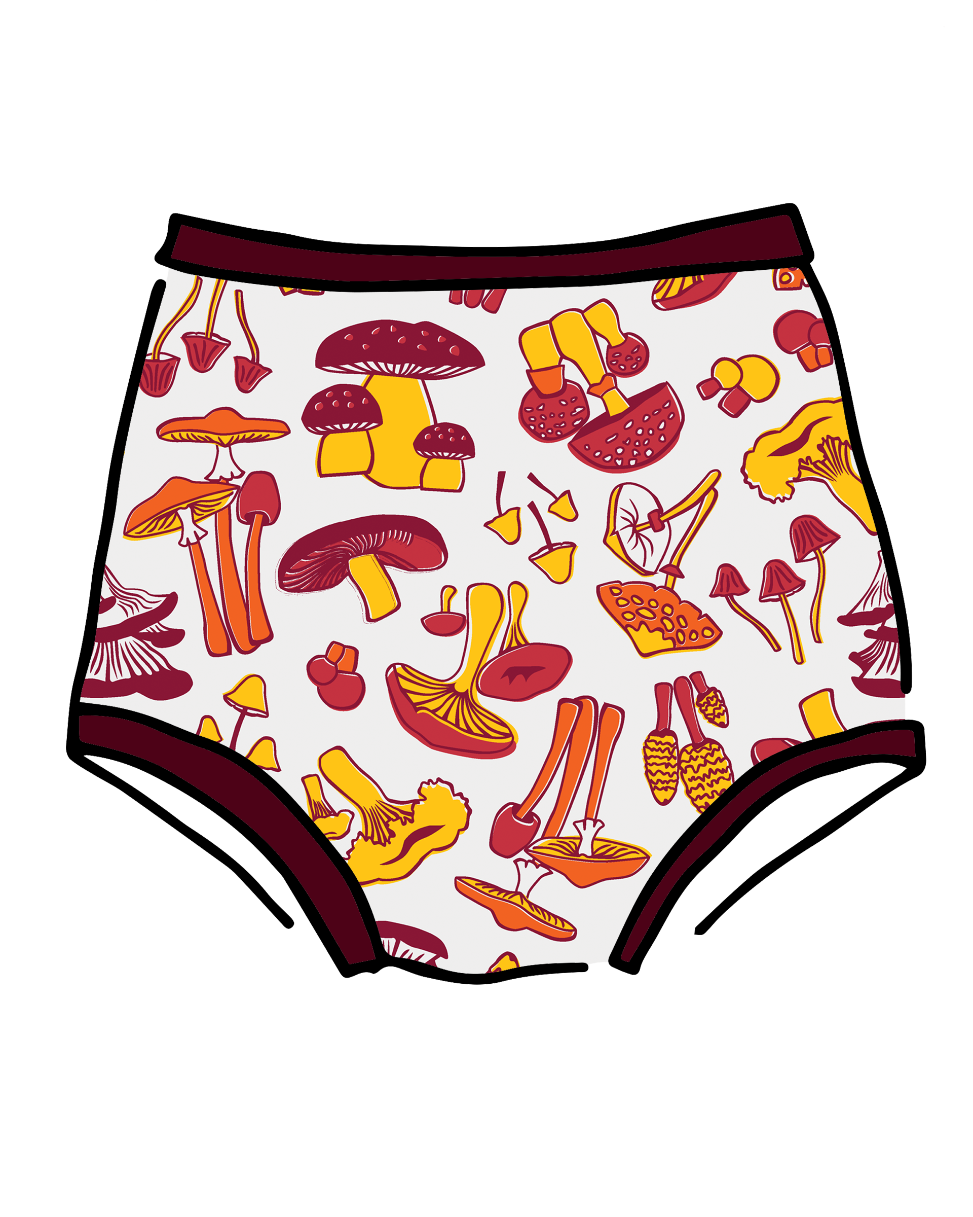 Drawing of Thunderpants Sky Rise style underwear in Whadda Fungi print - red, yellow, and orange mushroom print.