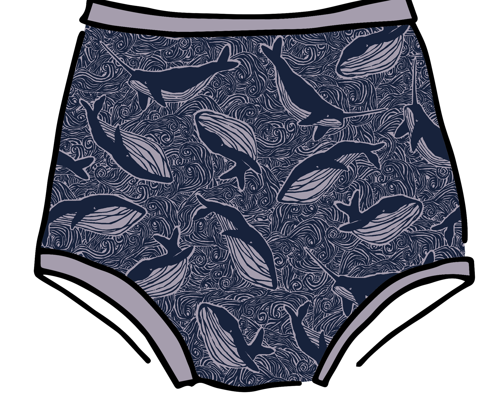 Drawing of Thunderpants Sky Rise style underwear in Whale, Whale, Whale print - indigo whales on lavender.