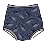 Drawing of Thunderpants Sky Rise style underwear in Whale, Whale, Whale print - indigo whales on lavender.