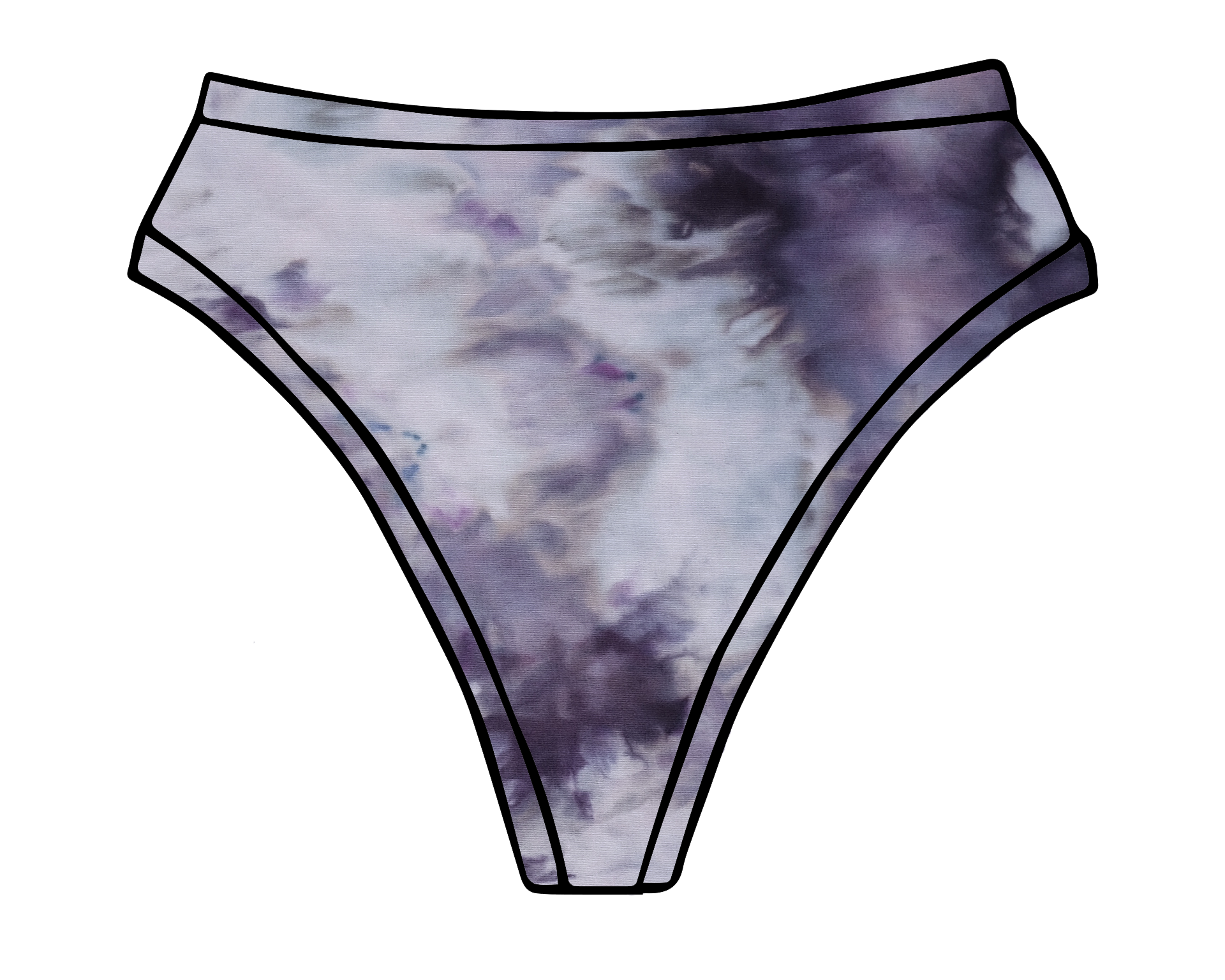 Drawing of Thunderpants Thong style underwear in Haunted Haze Ice Dye - purply grey dye pattern.