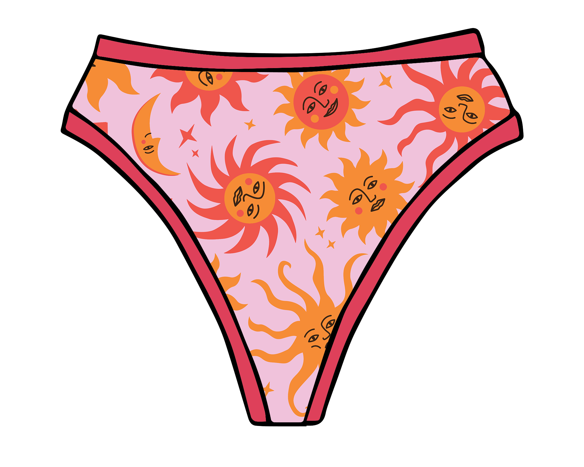 Drawing of Thunderpants organic cotton thong style underwear in Luna y Sol print - pink and orange suns and moons.