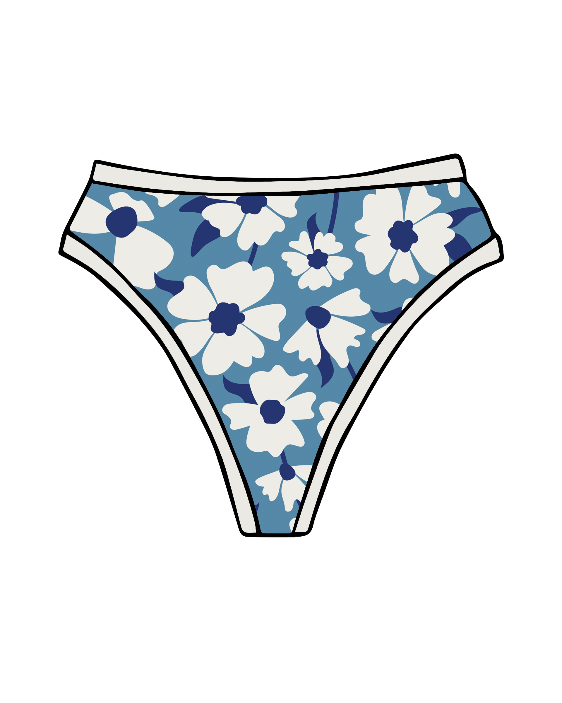 Drawing of Thunderpants Thong style underwear in Moody Blooms - blue and white flowers.