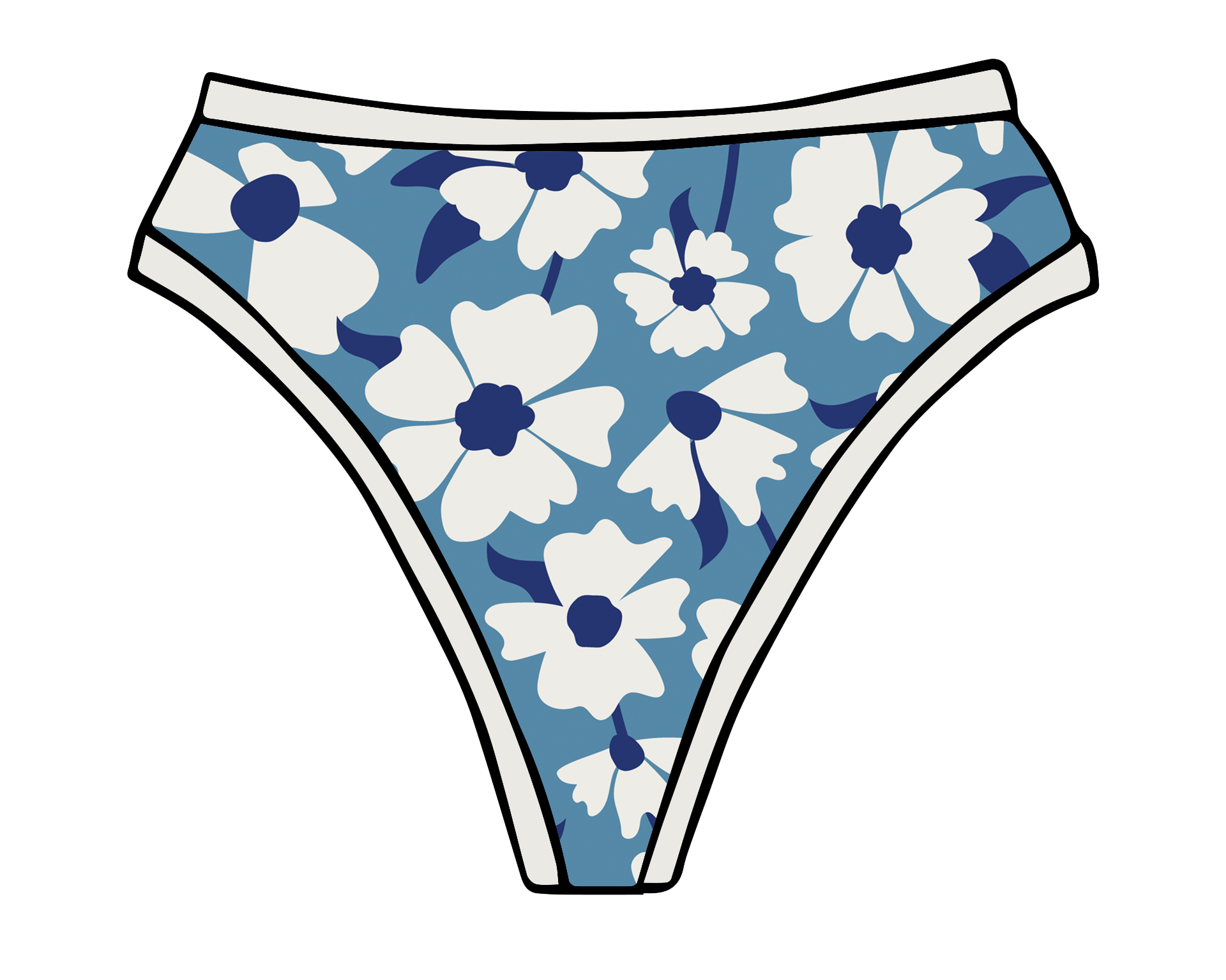 Drawing of Thunderpants Thong style underwear in Moody Blooms - blue and white flowers.