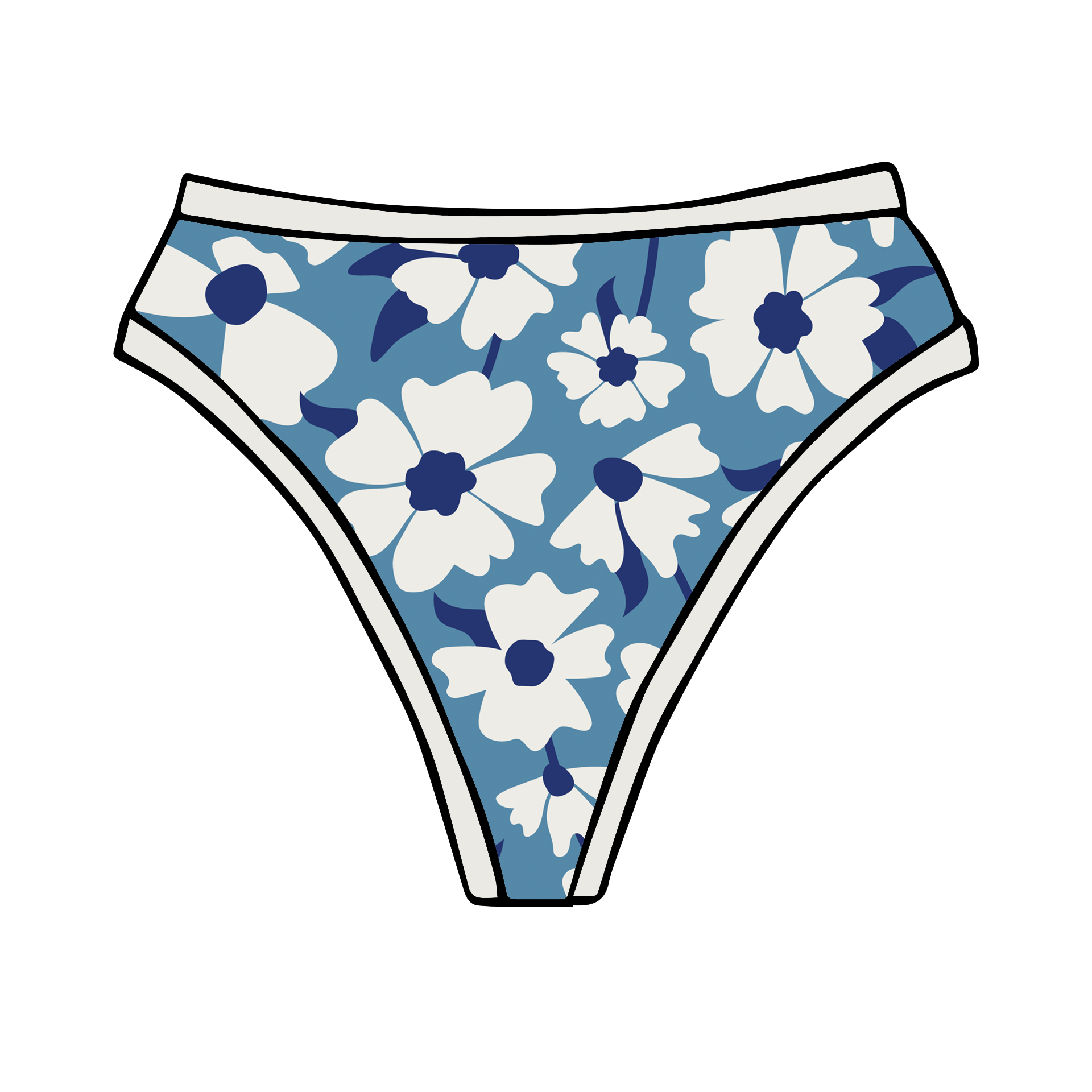 Drawing of Thunderpants Thong style underwear in Moody Blooms - blue and white flowers.