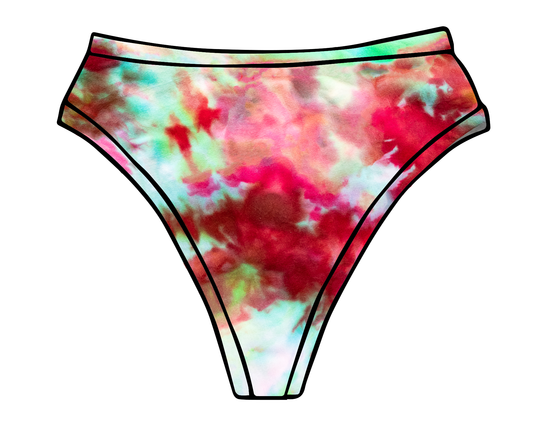 Drawing of Thunderpants Thong style underwear in Summer Crush Ice Dye - pinks, blues, yellows. 