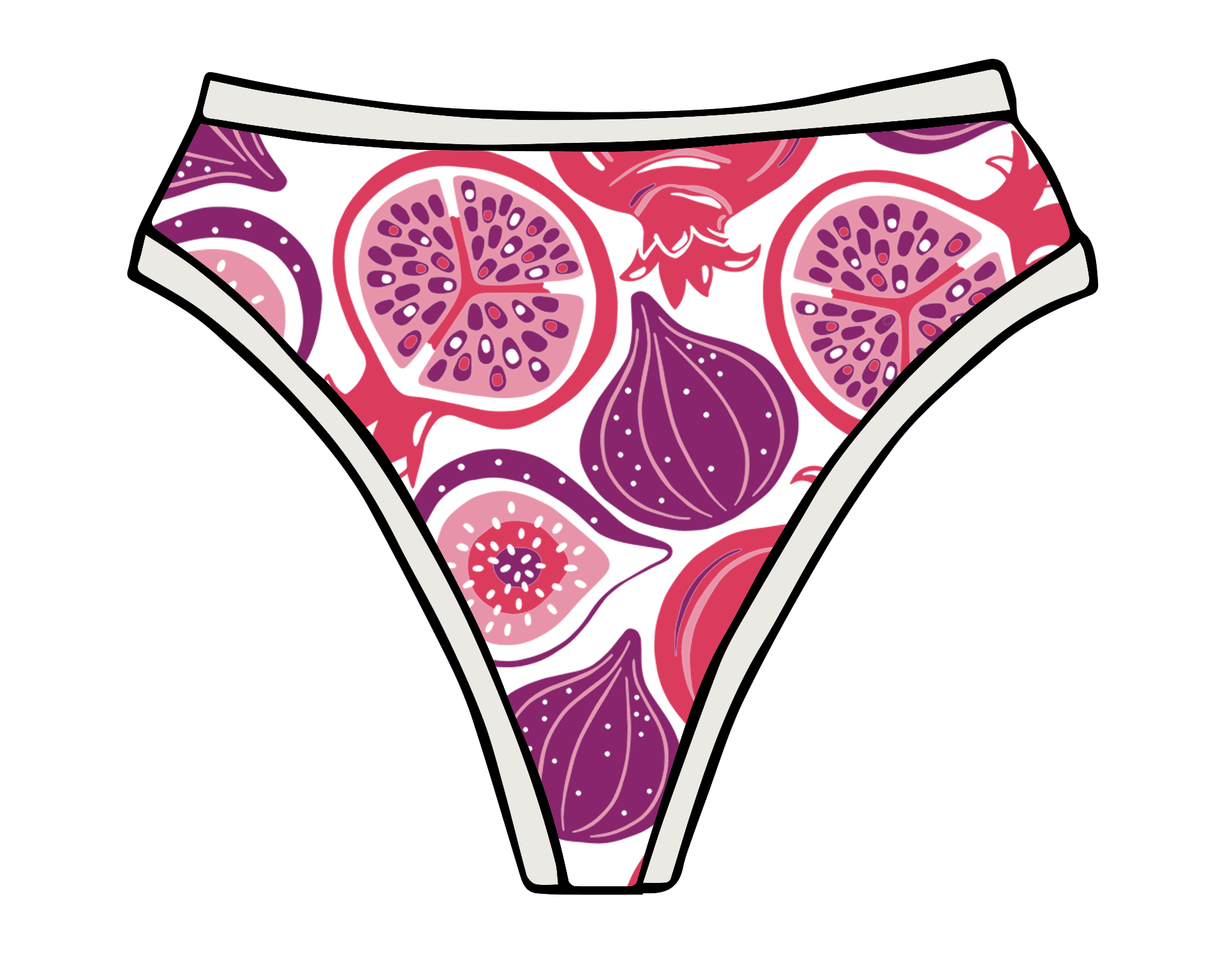 Drawing of Thunderpants Thunder Thong in Two Fruits print - Pomegranates and Figs.