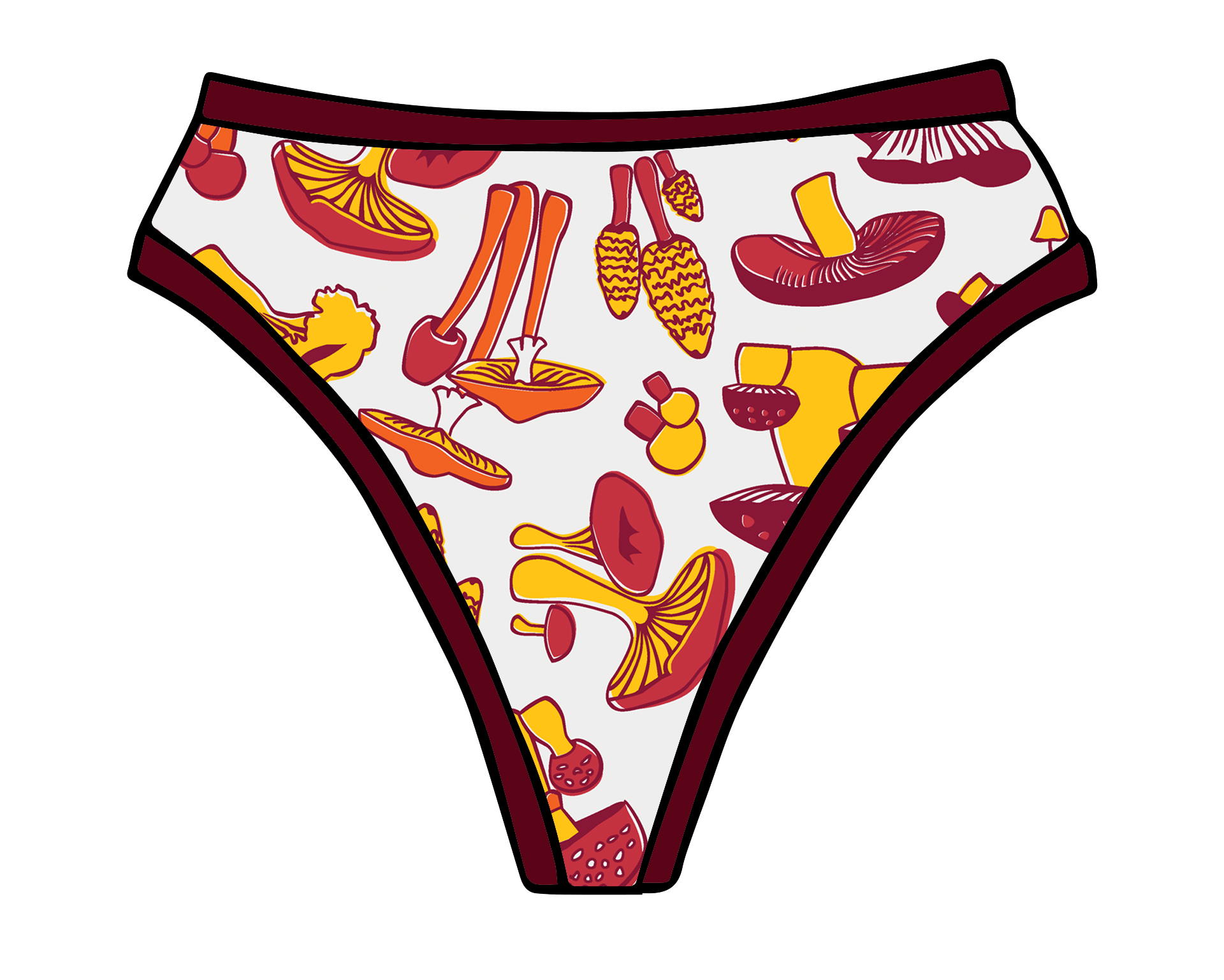 Drawing of Thunderpants organic cotton Thong style underwear in yellow, orange, and red mushroom print.