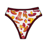 Drawing of Thunderpants organic cotton Thong style underwear in yellow, orange, and red mushroom print.