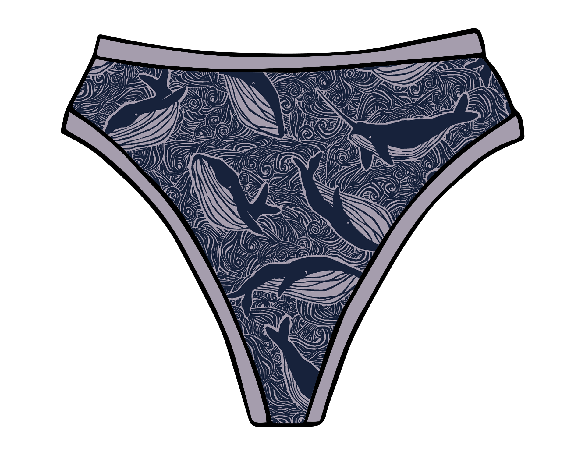 Drawing of Thunderpants organic cotton thong style underwear in blue and light purple whale print.