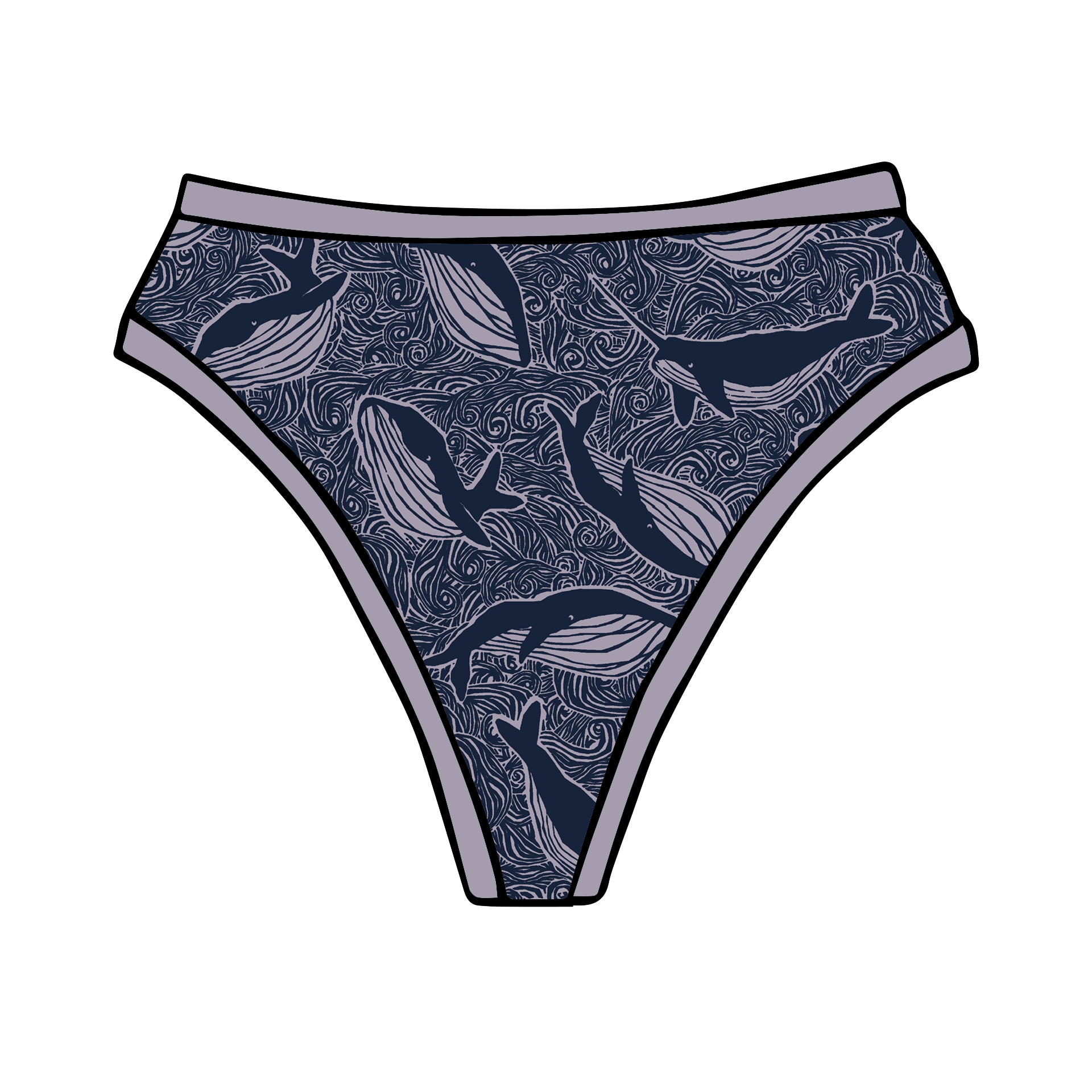 Drawing of Thunderpants organic cotton thong style underwear in blue and light purple whale print.