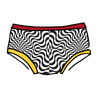 Drawing of Thunderpants Hipster style underwear in Tropical Trippy - black and white squiggles with red and yellow binding.