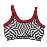 Drawing of Thunderpants Longline Bra in Tropical Trippy - black and white squiggles with red binding.
