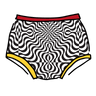 Drawing of Thunderpants Original style underwear in Tropical Trippy print - black and white squiggles with red and yellow binding.