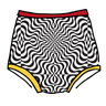 Drawing of Thunderpants Sky Rise style underwear in Tropical Trippy - black and white squiggles with red and yellow binding.