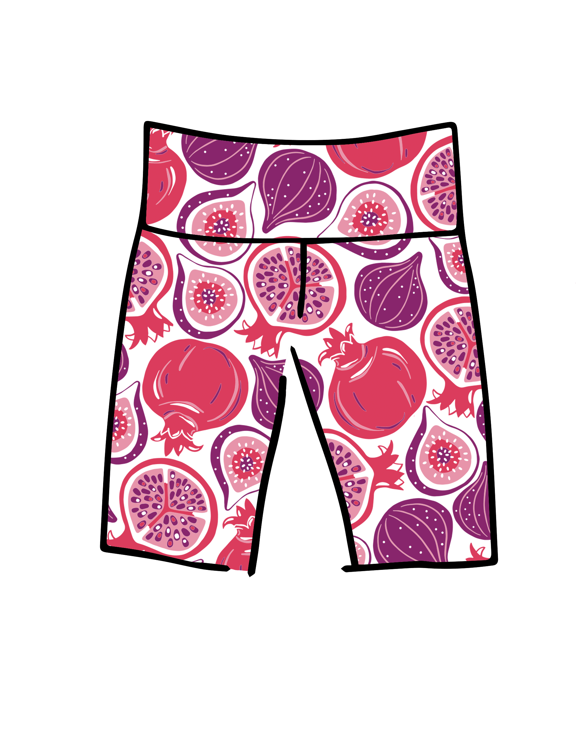 Drawing of Thunderpants Bike Shorts in Two Fruits print - pomegranates and figs.