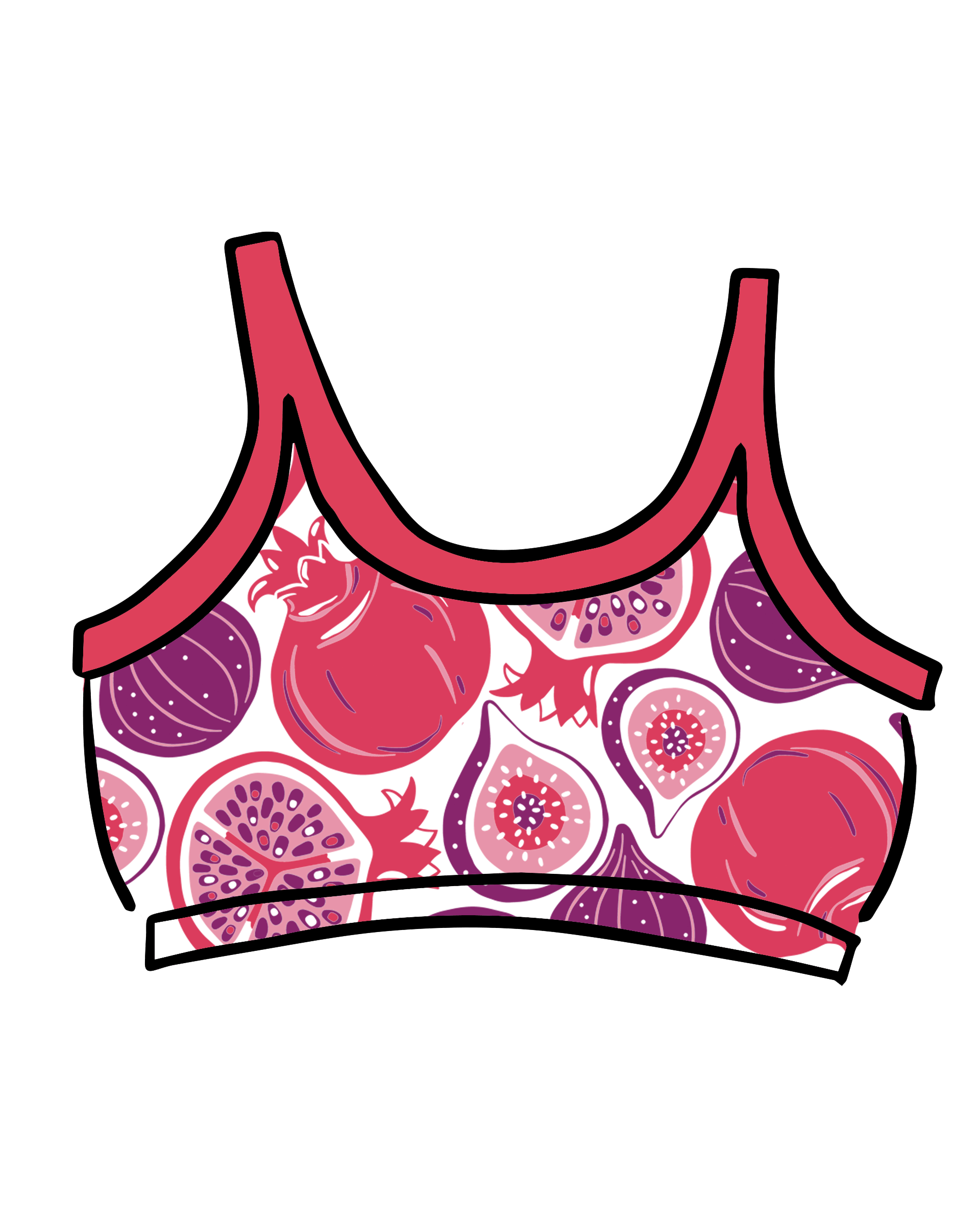 Drawing of Thunderpants Long Line Bra in Two Fruits print - pomegranates and figs.
