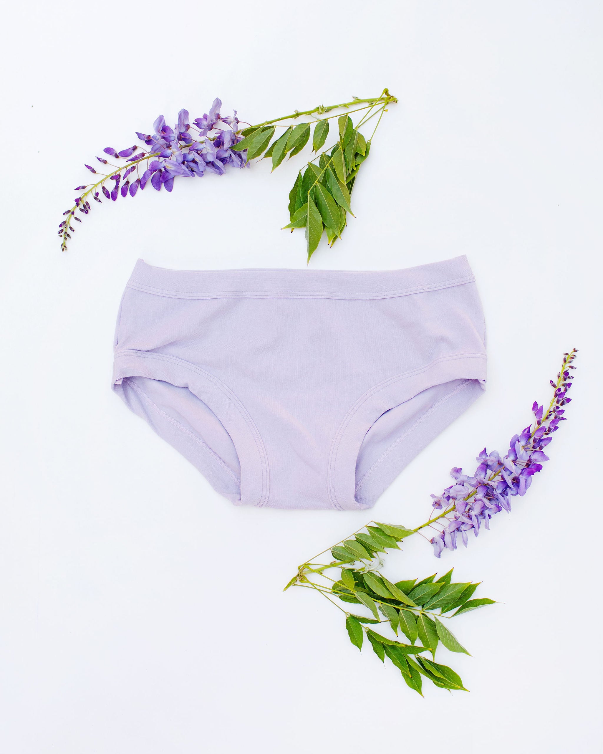 Flat lay of Thunderpants Hipster style underwear in Wisterial Girl - a purple/grey color.