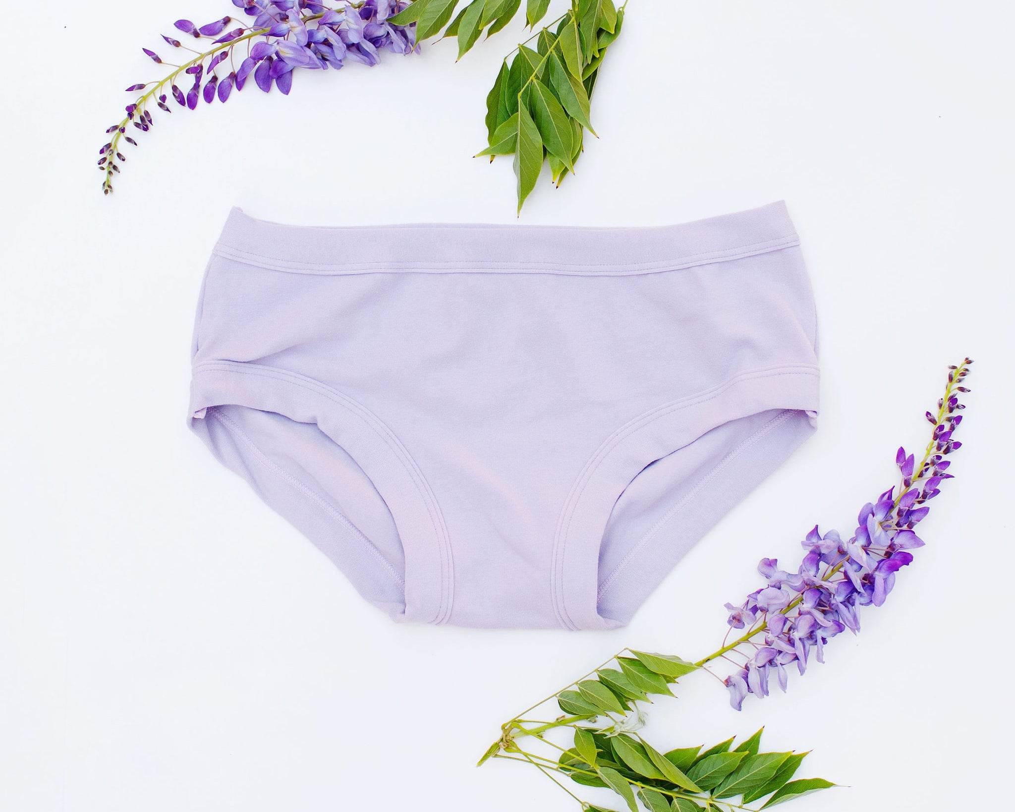 Flat lay of Thunderpants Hipster style underwear in Wisterial Girl - a purple/grey color.