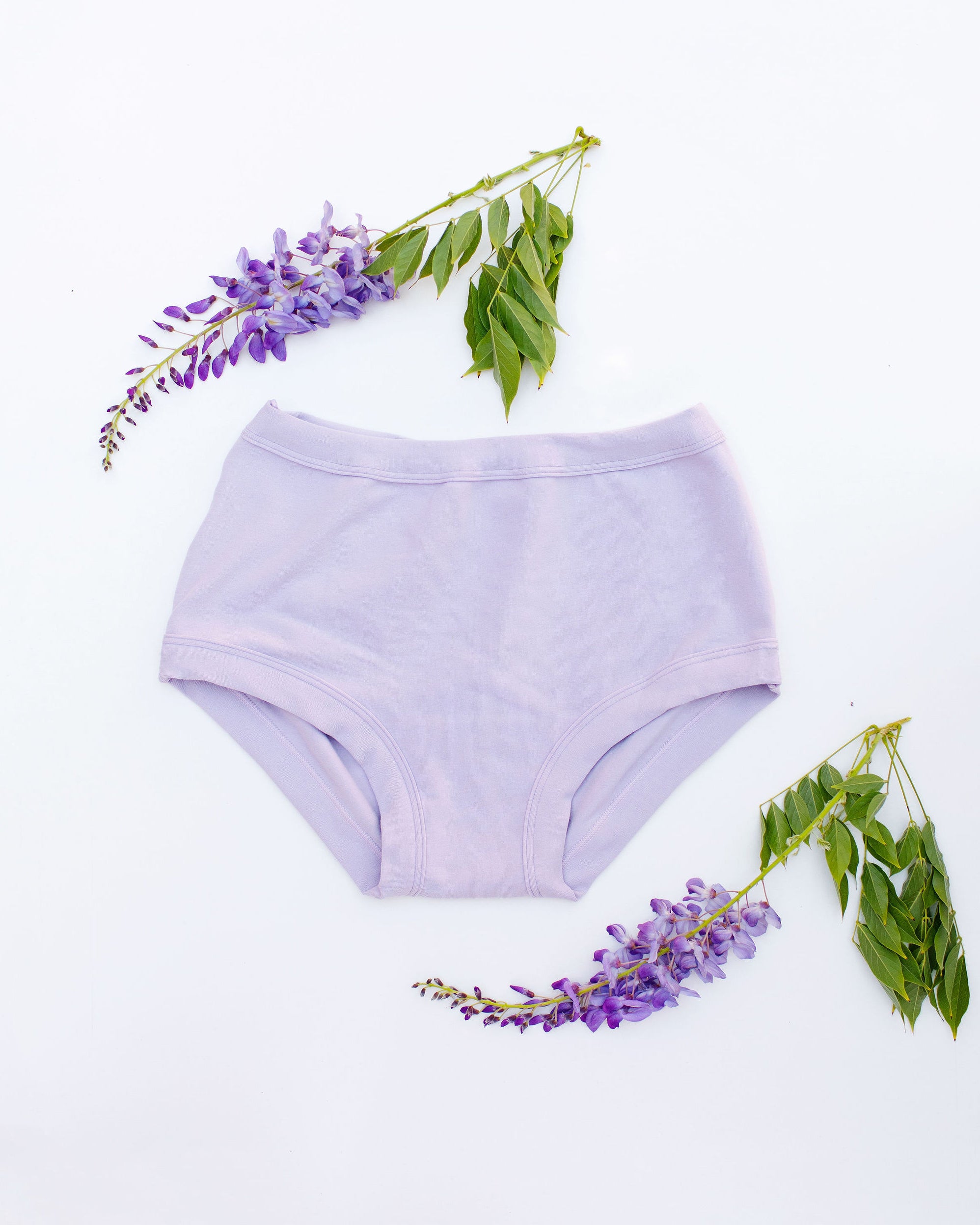 Flat lay of Thunderpants Original style underwear in Wisterial Girl - a purple/grey color.