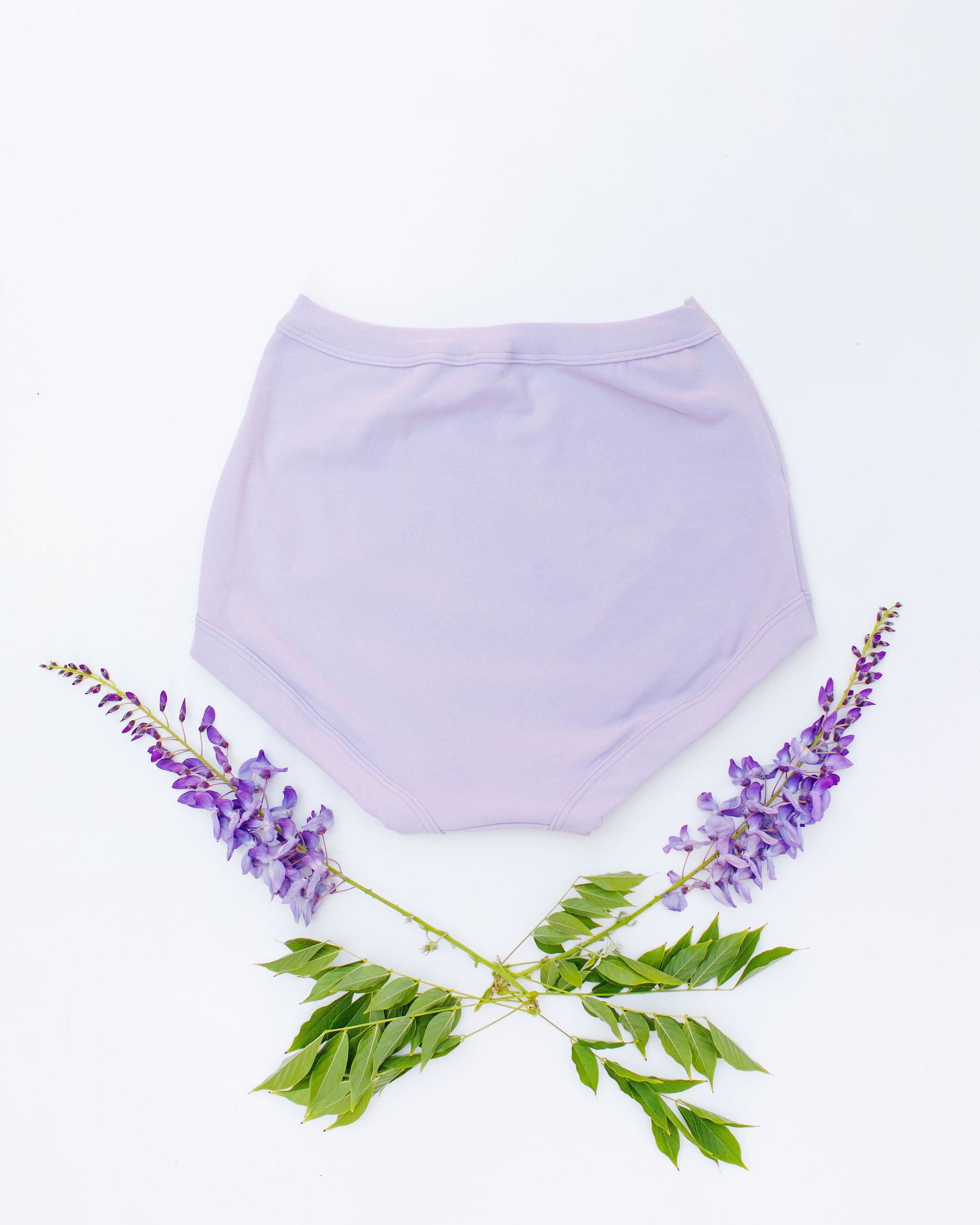 Flat lay of Thunderpants Sky Rise style underwear in Wisterial Girl - a purple/grey color.